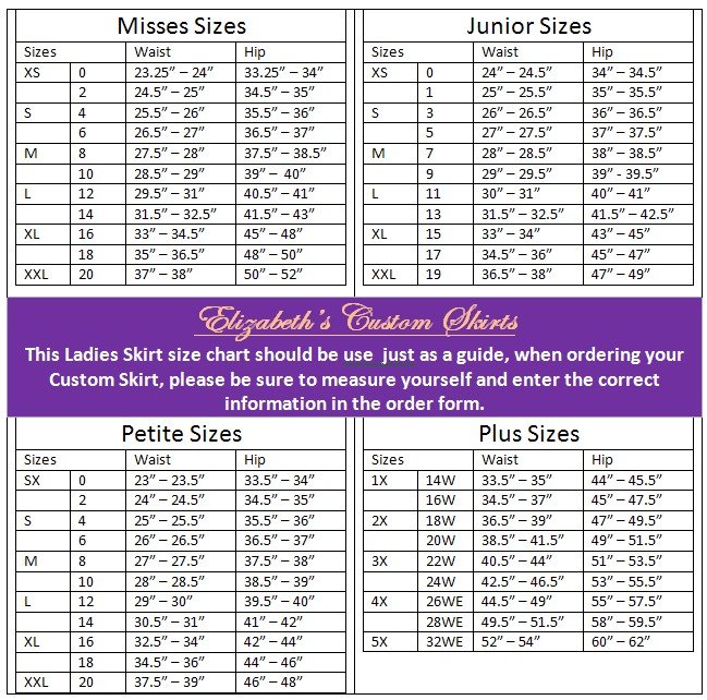 Ladies Skirt size chart