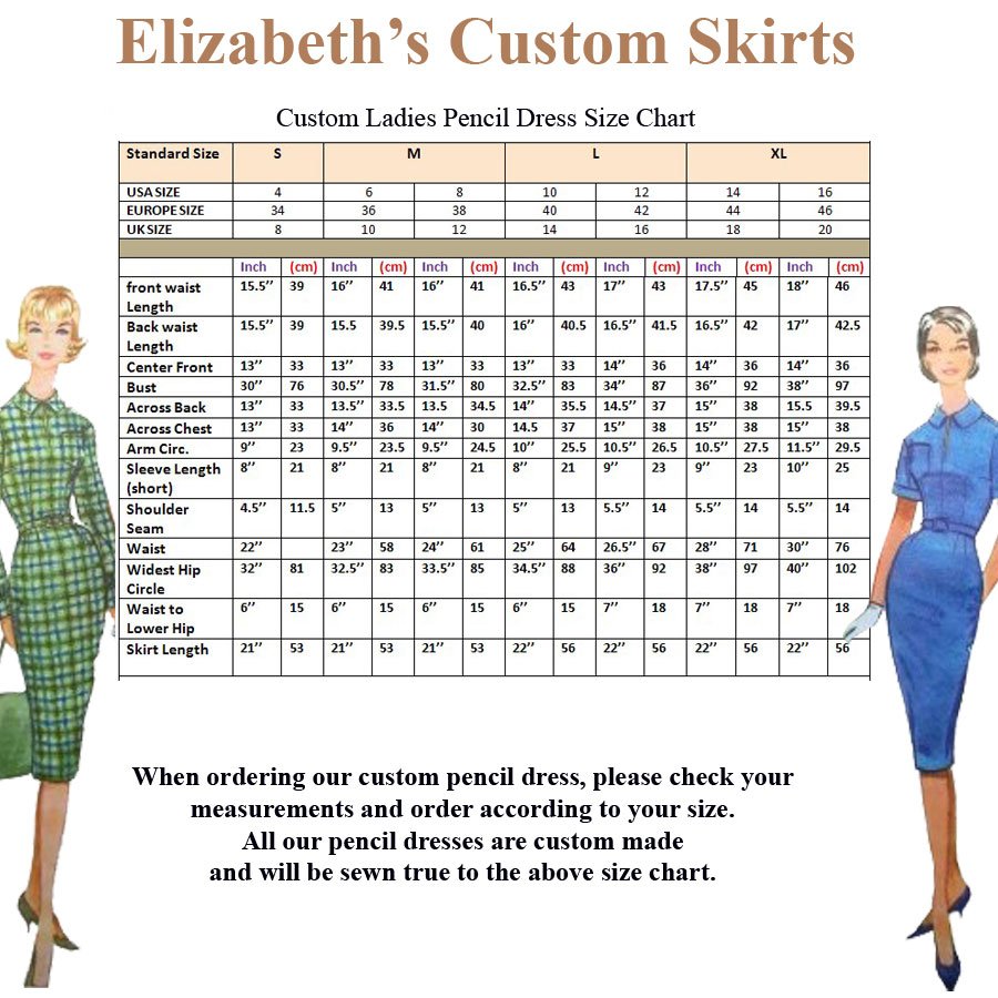 CustomLadiesPencilDressSizeChart Elizabeth's Custom Skirts