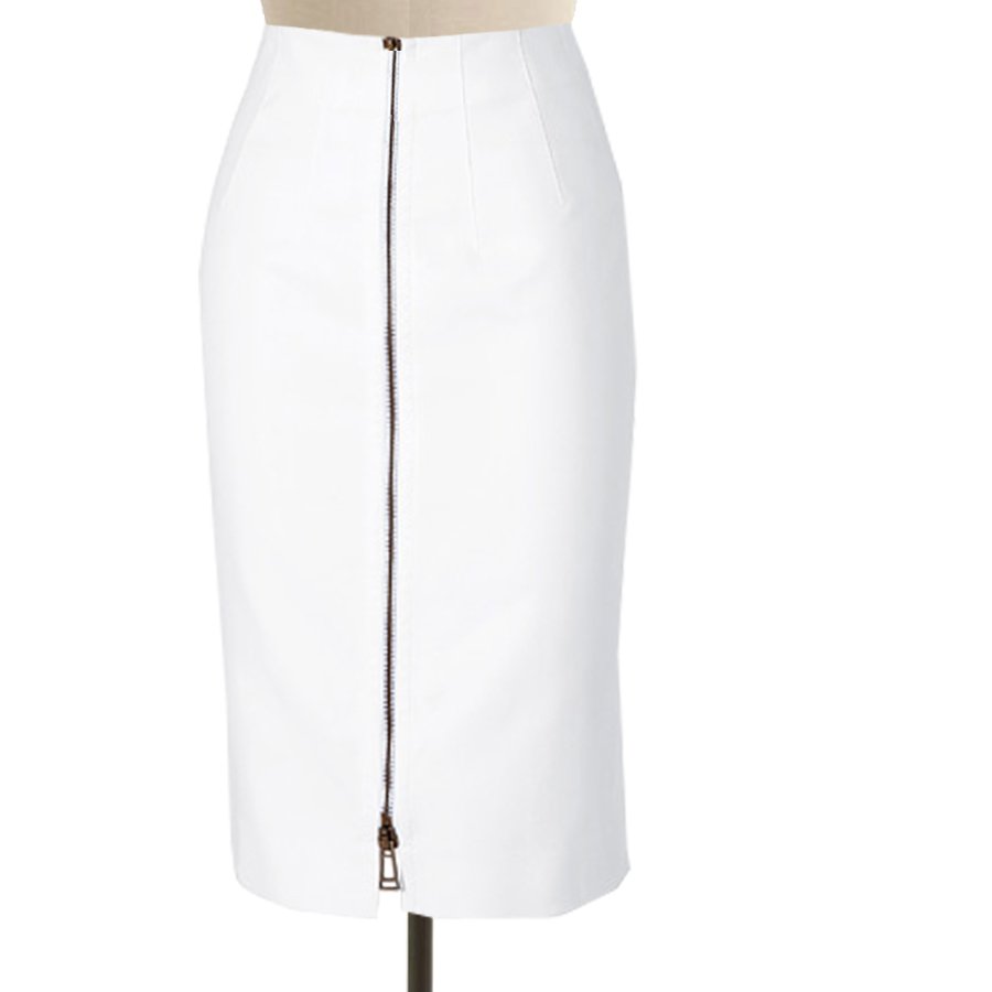 White skirt with long front Zipper, Custom Fit, Handmade, Fully Lined